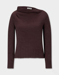 Claude Knite, dark brown knit sweater with a wide draped neckline, long sleeves, and a ribbed hem and cuffs, shown against a light gray background.
