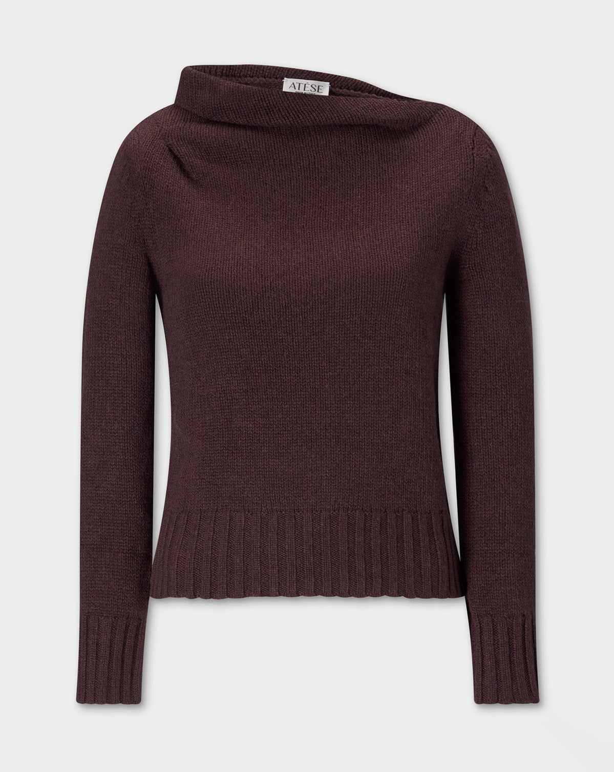 Claude Knite, dark brown knit sweater with a wide draped neckline, long sleeves, and a ribbed hem and cuffs, shown against a light gray background.