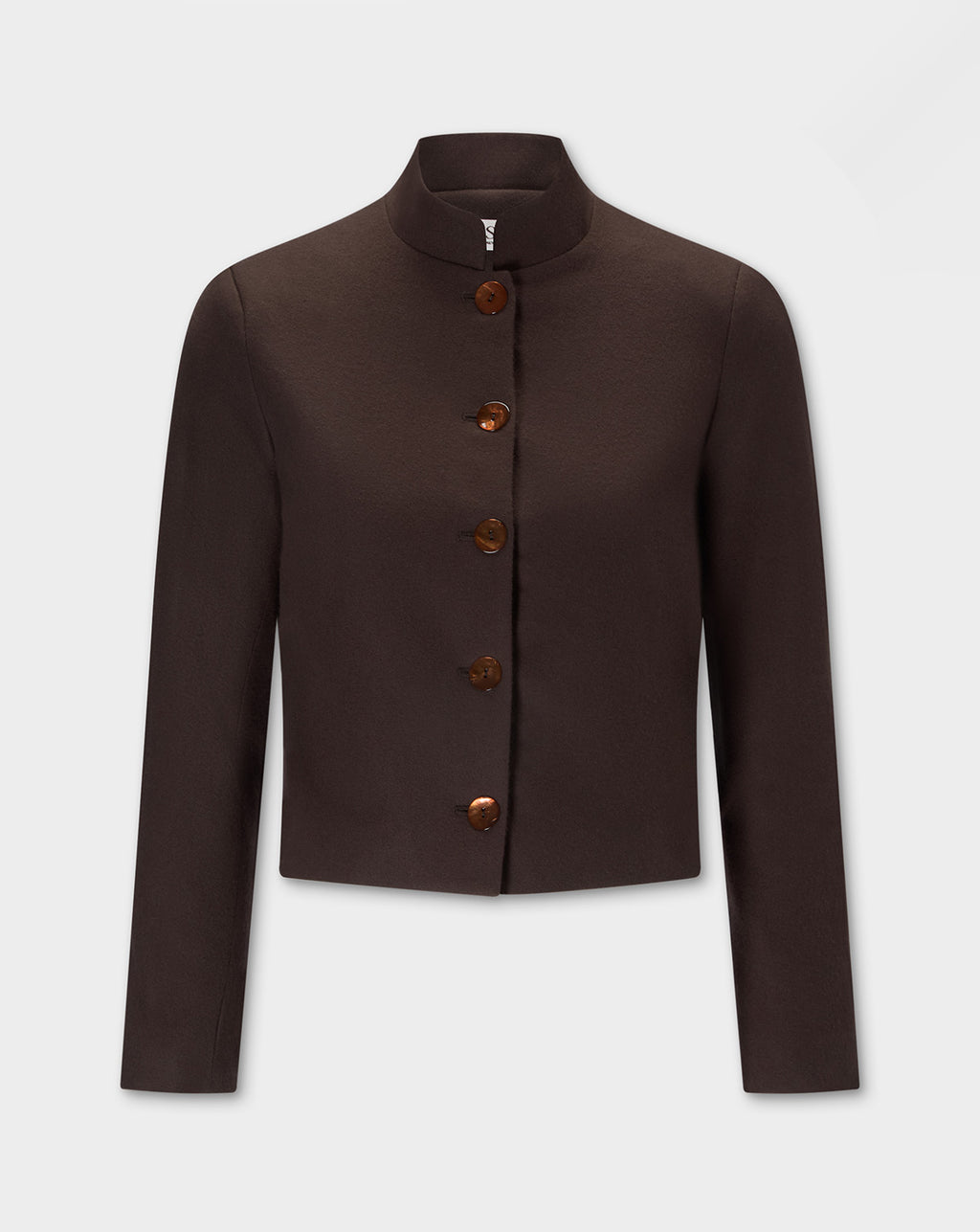 Corbu Jacket, dark brown cropped jacket with a high mock neck, long sleeves, and a front button closure, displayed on a light gray background.