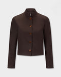 Corbu Jacket, dark brown cropped jacket with a high mock neck, long sleeves, and a front button closure, displayed on a light gray background.