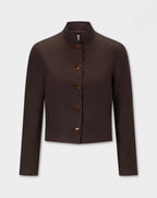 Corbu Jacket, dark brown cropped jacket with a high mock neck, long sleeves, and a front button closure, displayed on a light gray background.