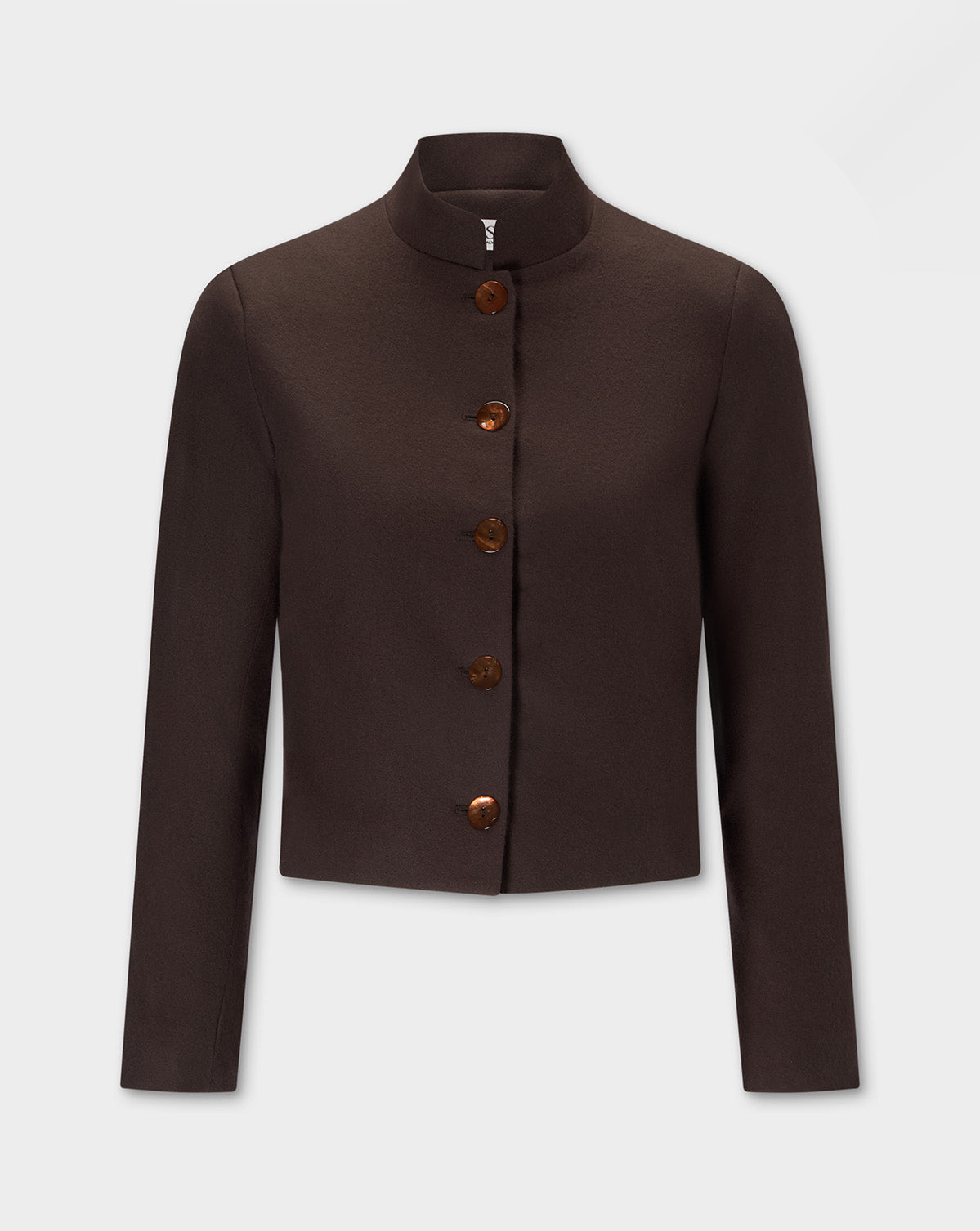 Corbu Jacket, dark brown cropped jacket with a high mock neck, long sleeves, and a front button closure, displayed on a light gray background.