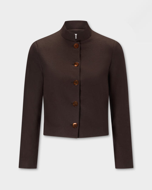 Corbu Jacket, dark brown cropped jacket with a high mock neck, long sleeves, and a front button closure, displayed on a light gray background.
