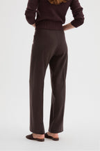 Hutton Trousers and Claude Knit. A model shown from the back wearing dark brown wide-leg trousers, a dark brown ribbed knit sweater, and dark brown flat shoes against a light gray studio background.