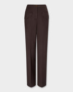 Hutton Trousers, pair of dark brown wide-leg trousers with front flap pockets, shown flat against a light gray background.