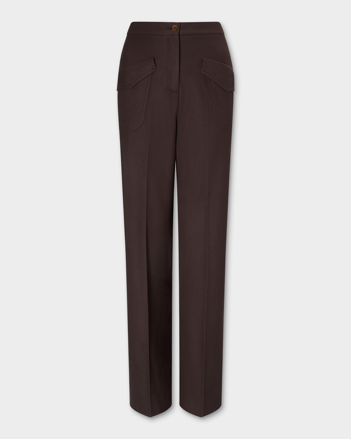 Hutton Trousers, pair of dark brown wide-leg trousers with front flap pockets, shown flat against a light gray background.