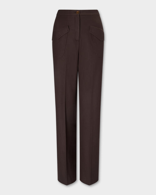 Hutton Trousers, pair of dark brown wide-leg trousers with front flap pockets, shown flat against a light gray background.
