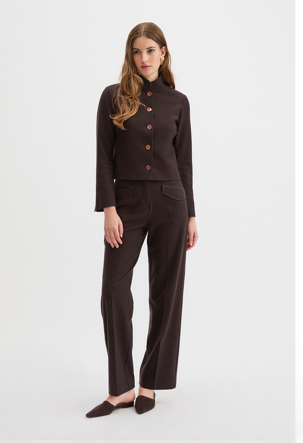 Corbu Jacket buttoned closed over the Hutton Trouser, chocolate brown wool