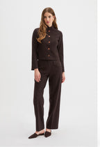 Corbu Jacket buttoned closed over the Hutton Trouser, chocolate brown wool