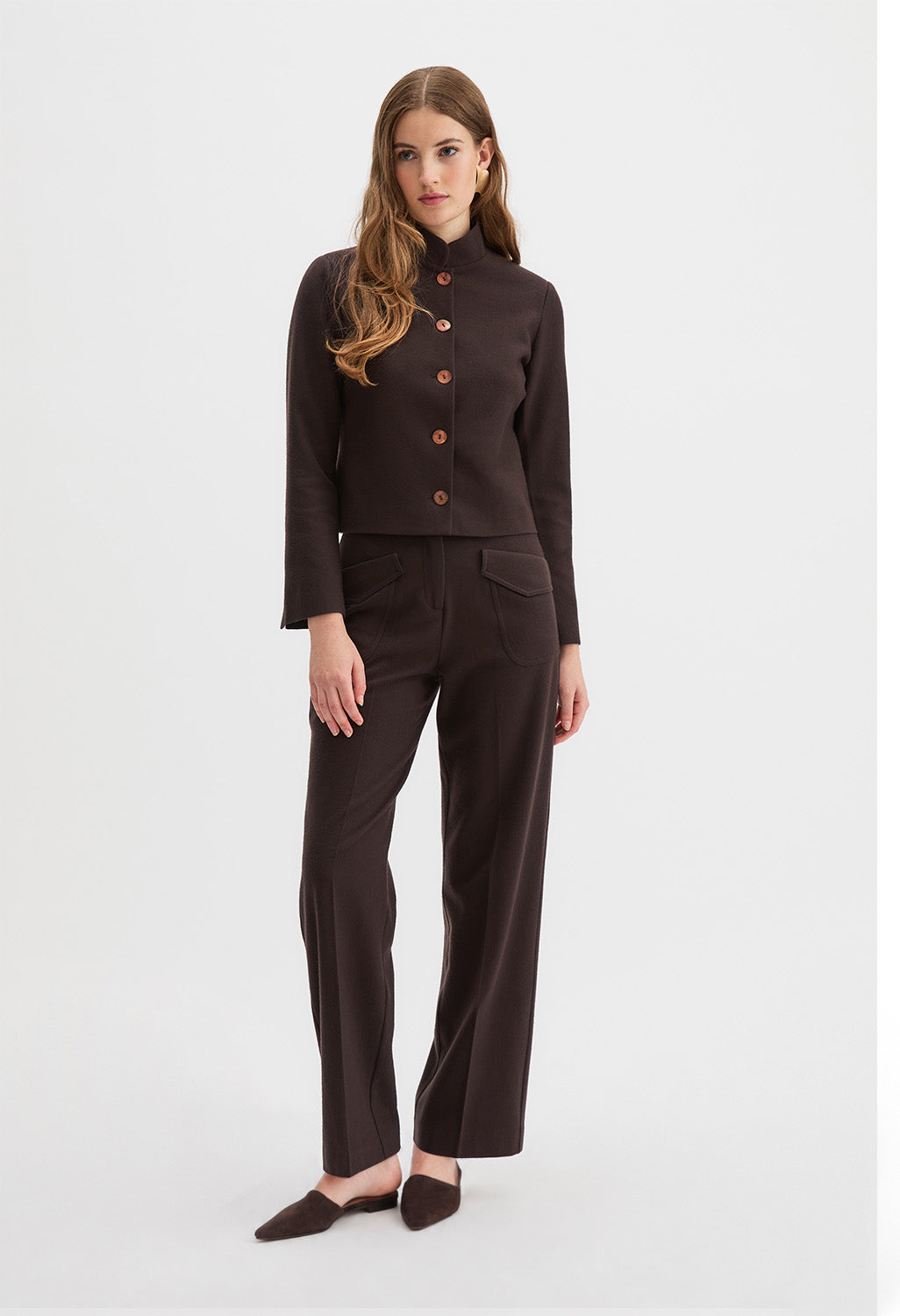 Corbu Jacket buttoned closed over the Hutton Trouser, chocolate brown wool