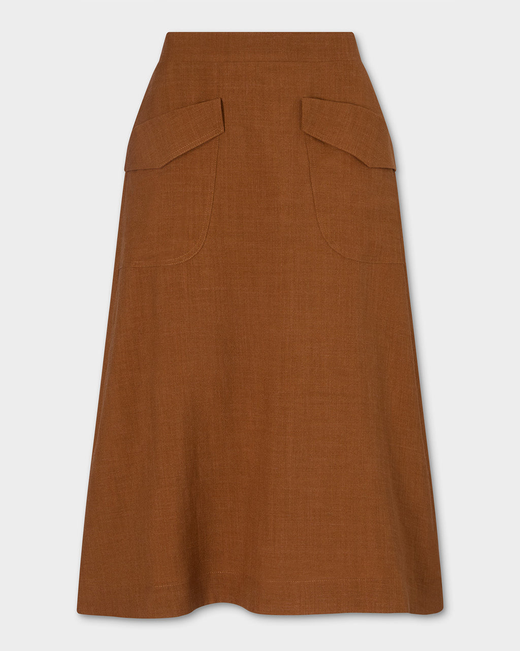 Kingma Skirt, rust-brown A-line skirt with two large angled front patch pockets, shown flat against a light gray background.
