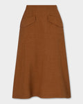 Kingma Skirt, rust-brown A-line skirt with two large angled front patch pockets, shown flat against a light gray background.