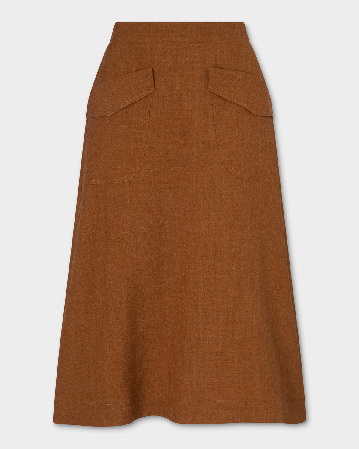 Kingma Skirt, rust-brown A-line skirt with two large angled front patch pockets, shown flat against a light gray background.