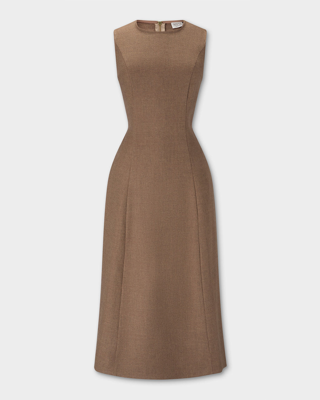 Laverne Dress, sleeveless, knee-length brown dress with a structured, fitted silhouette and a round neckline, shown against a light gray background.