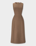 Laverne Dress, sleeveless, knee-length brown dress with a structured, fitted silhouette and a round neckline, shown against a light gray background.
