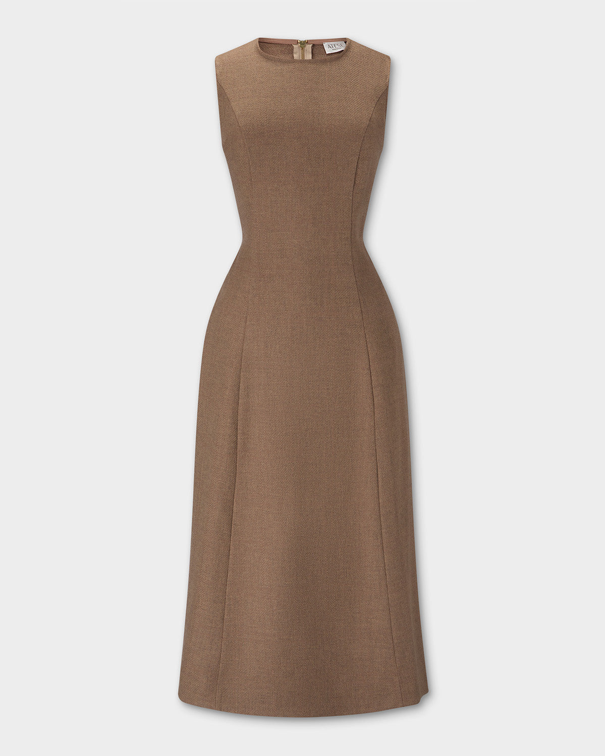 Laverne Dress, sleeveless, knee-length brown dress with a structured, fitted silhouette and a round neckline, shown against a light gray background.