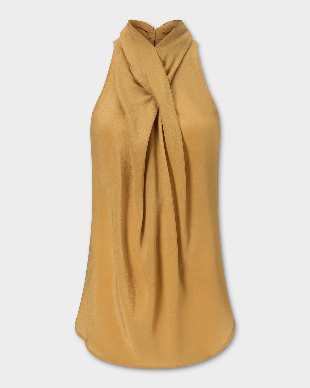 Ponti Top, sleeveless mustard yellow top with a draped, gathered neckline, shown against a light gray background.