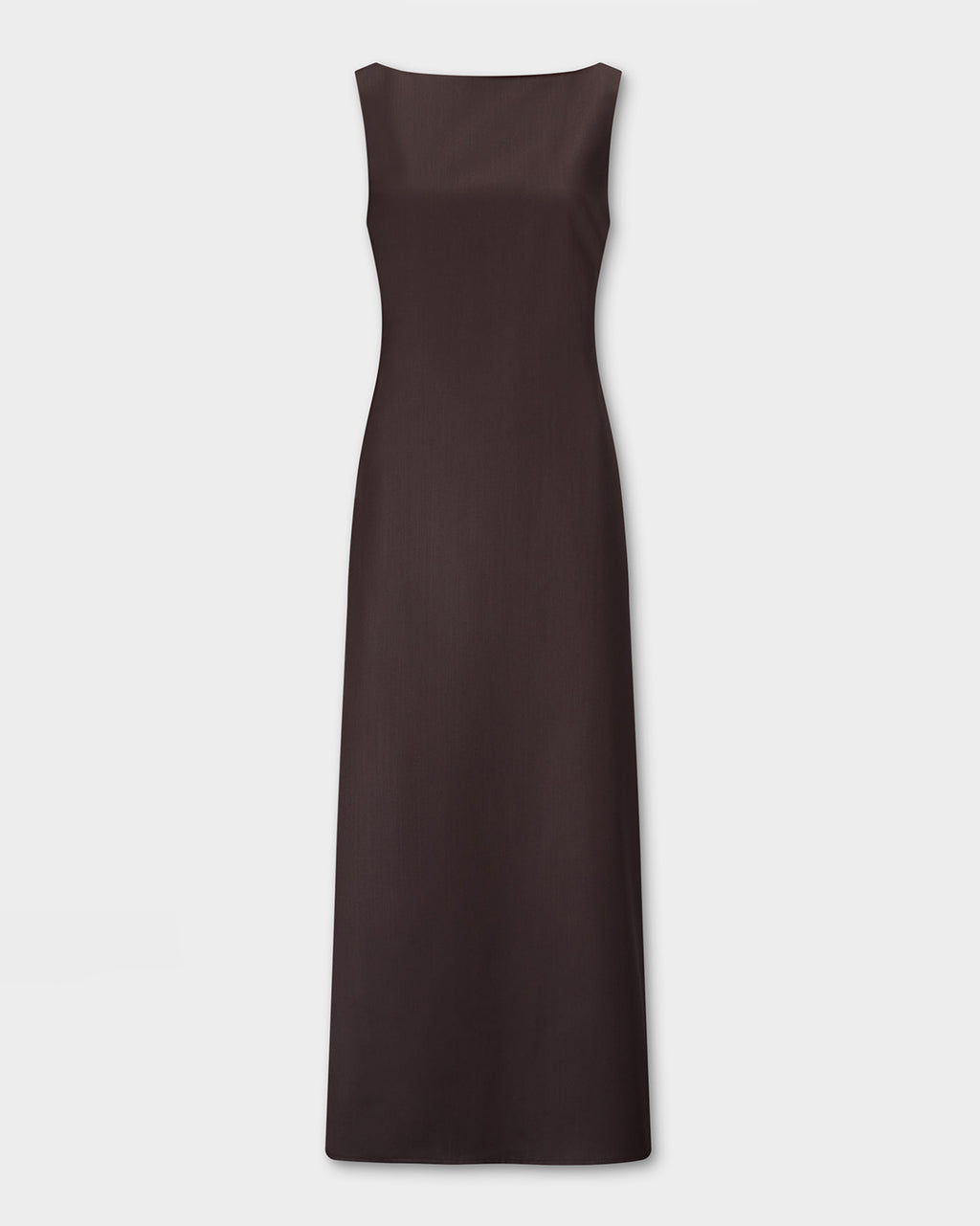 Yves Dress, sleeveless, straight-neck maxi dress in a dark brown color, shown flat against a light gray background.