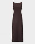 Yves Dress, sleeveless, straight-neck maxi dress in a dark brown color, shown flat against a light gray background.