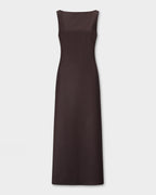 Yves Dress, sleeveless, straight-neck maxi dress in a dark brown color, shown flat against a light gray background.