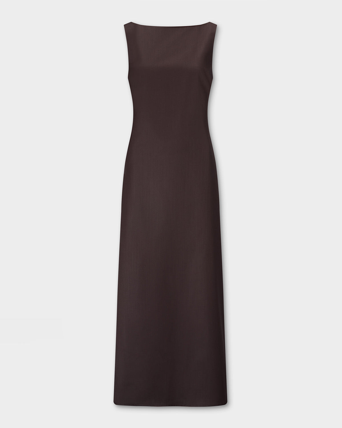 Yves Dress, sleeveless, straight-neck maxi dress in a dark brown color, shown flat against a light gray background.