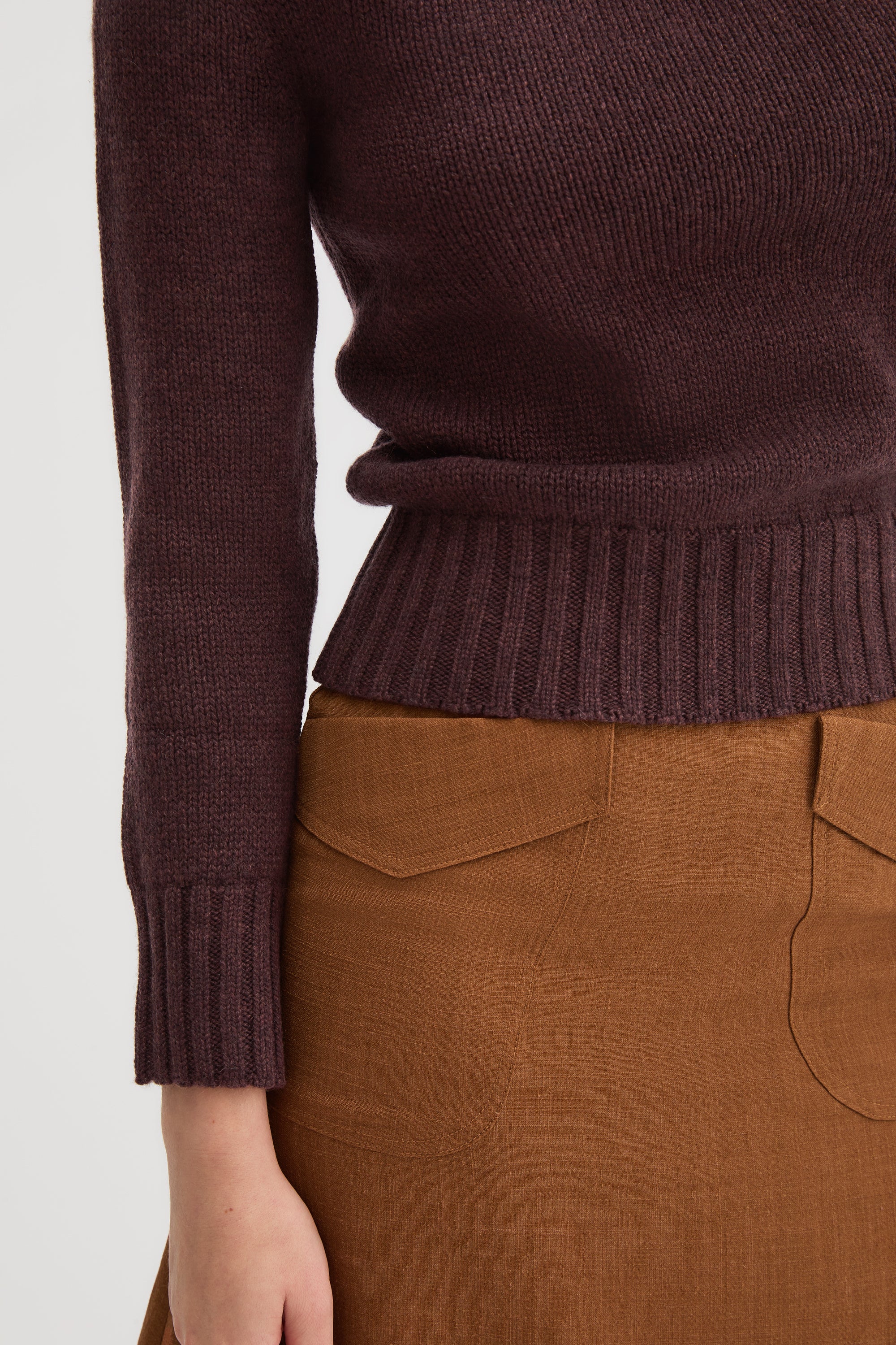 Claude Knit cashmere sweater in soft brown, styled full look