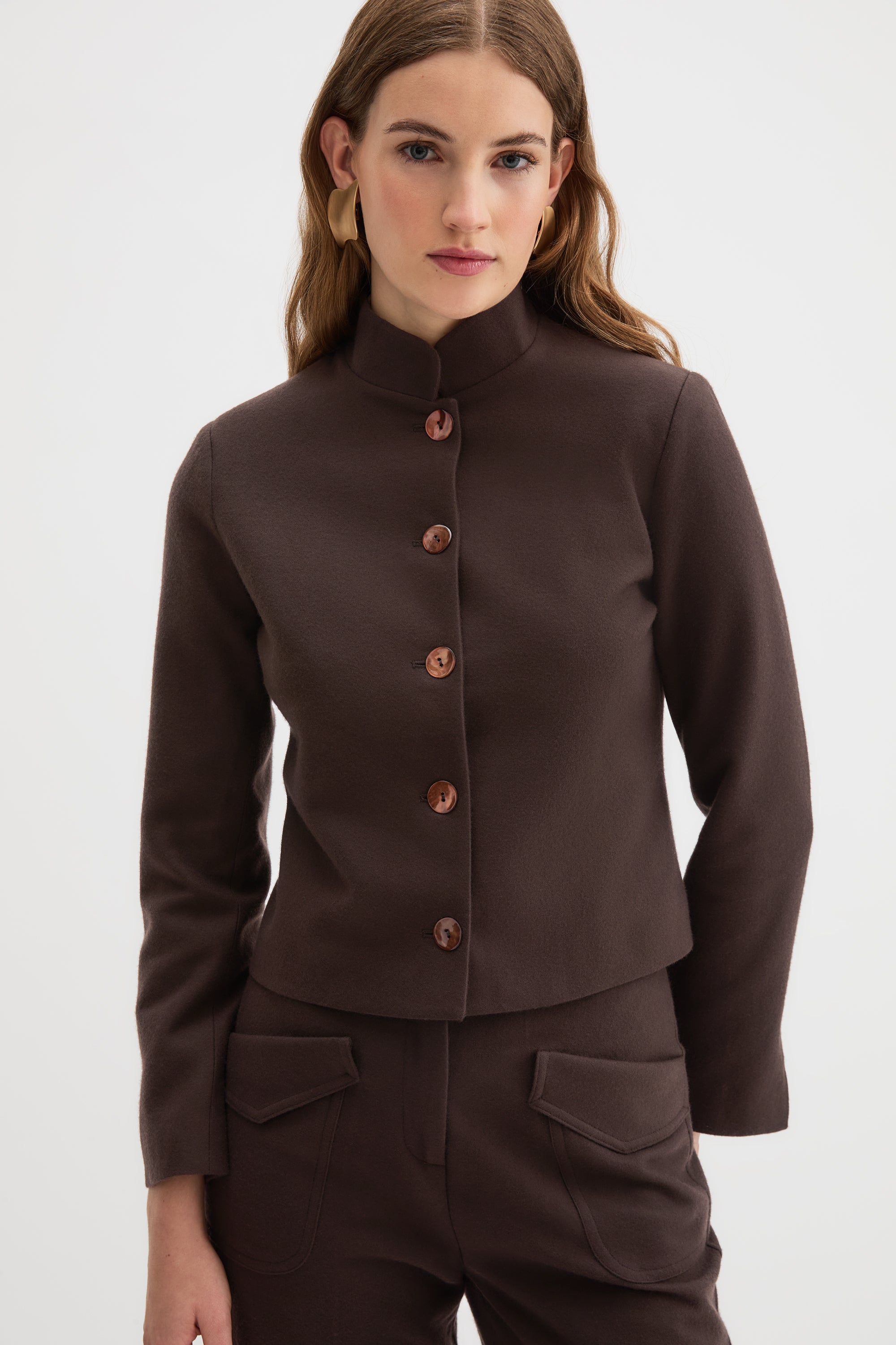 Corbu Jacket in chocolate brown virgin wool, front view
