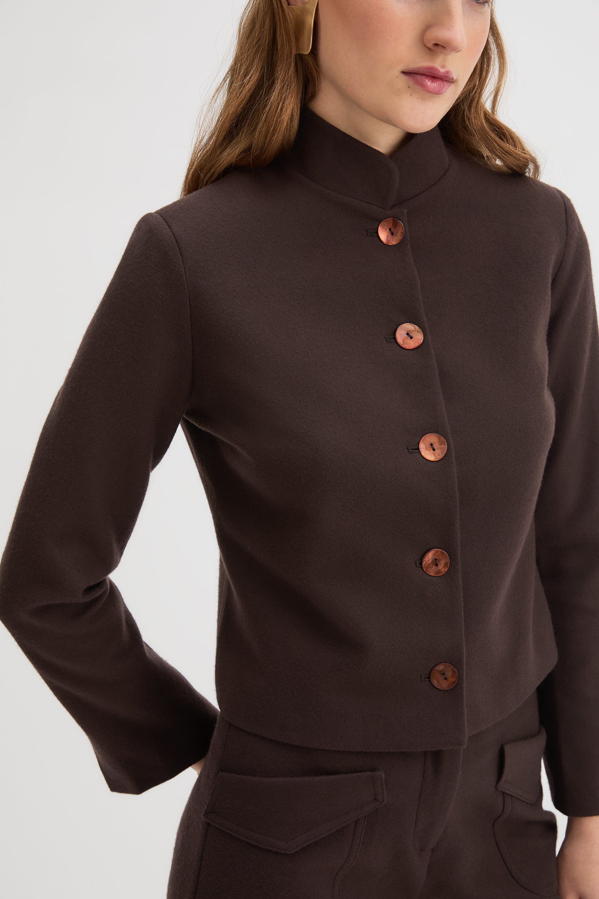 Corbu Jacket in chocolate brown virgin wool, side profile