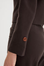 Corbu Jacket in chocolate brown virgin wool, styled full look