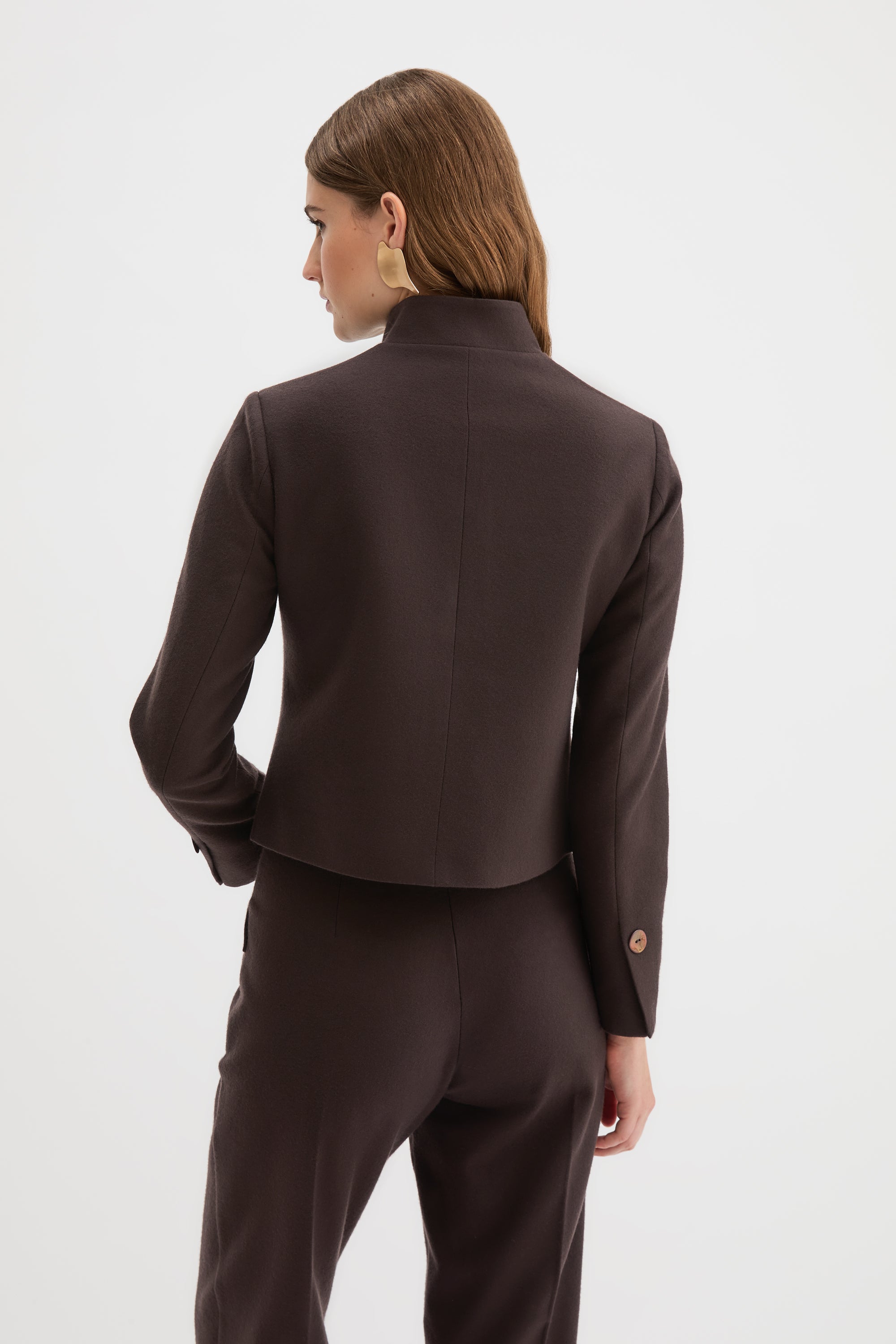 Corbu Jacket in chocolate brown virgin wool, three-quarter view