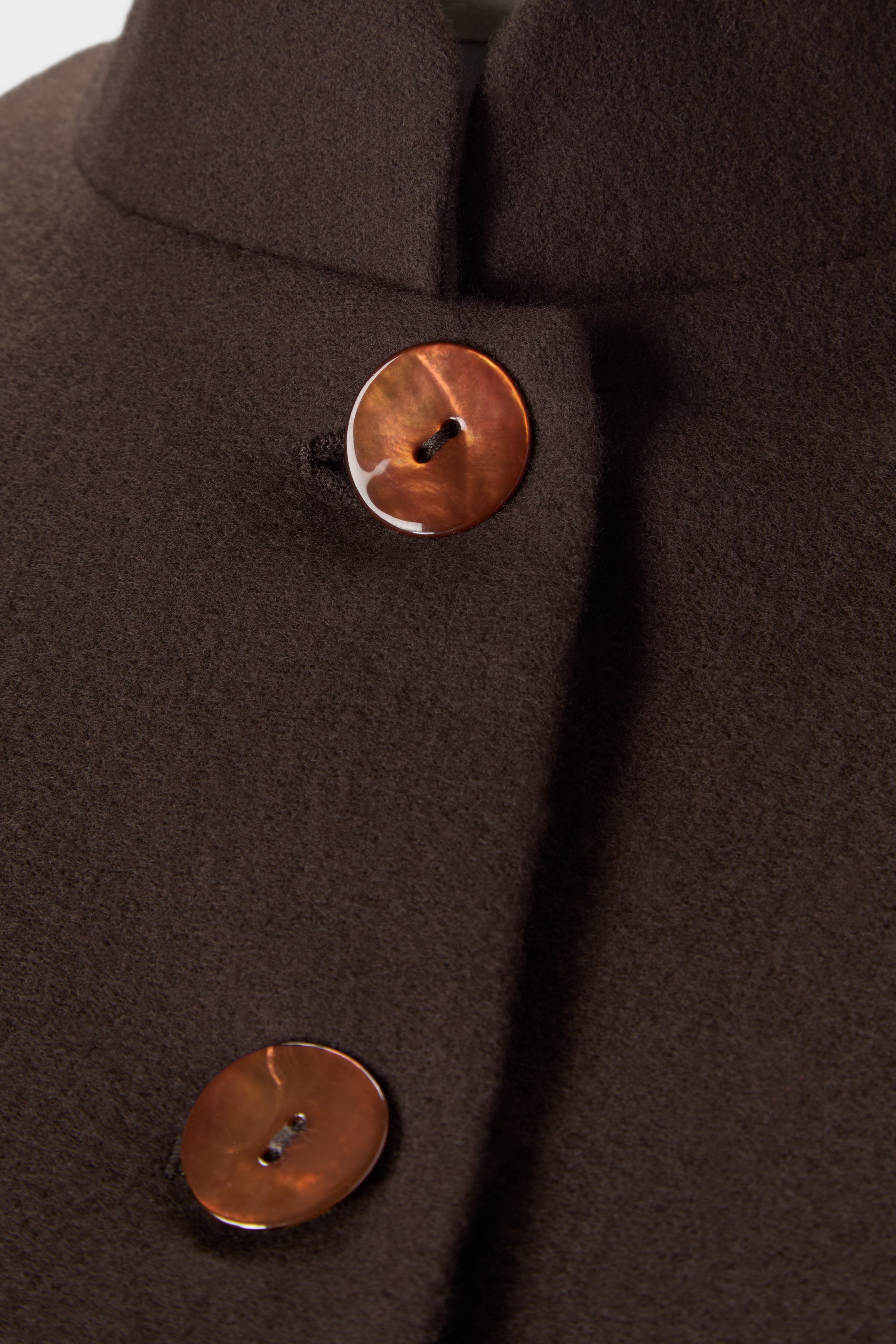 Detail of the mandarin collar and terracotta mother of pearl buttons on the Corbu Jacket