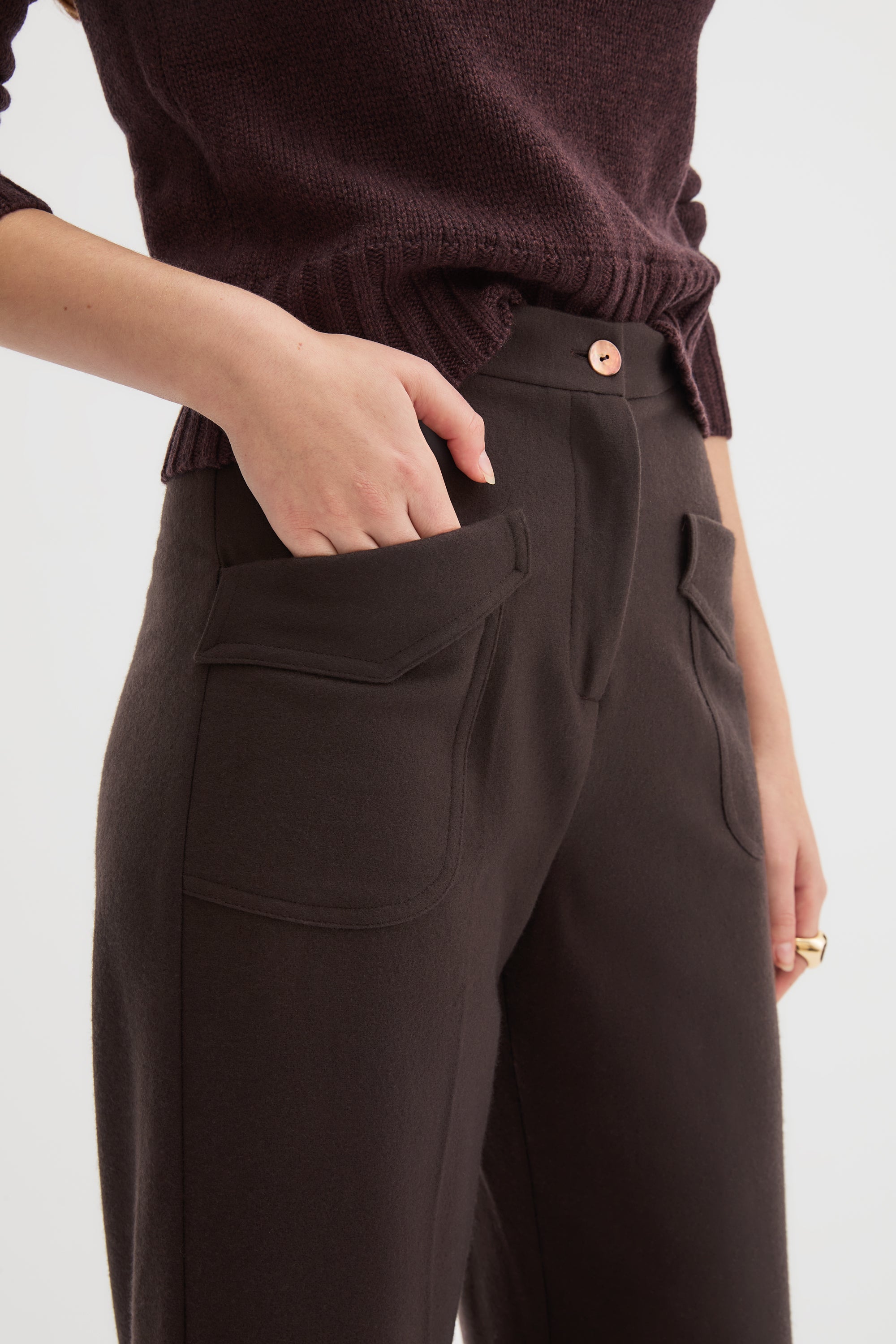 Hutton Trouser in chocolate brown virgin wool, front view
