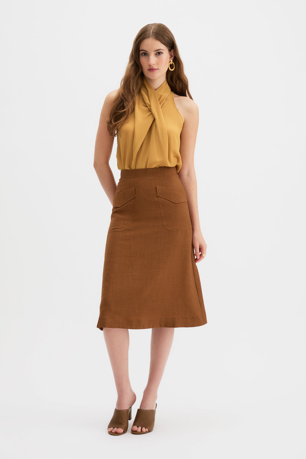 Kingma A-Line Skirt in burnt rust, high-waisted silhouette, front view