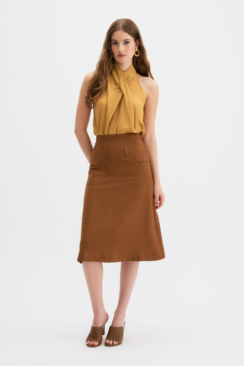 Kingma A-Line Skirt in burnt rust, high-waisted silhouette, front view