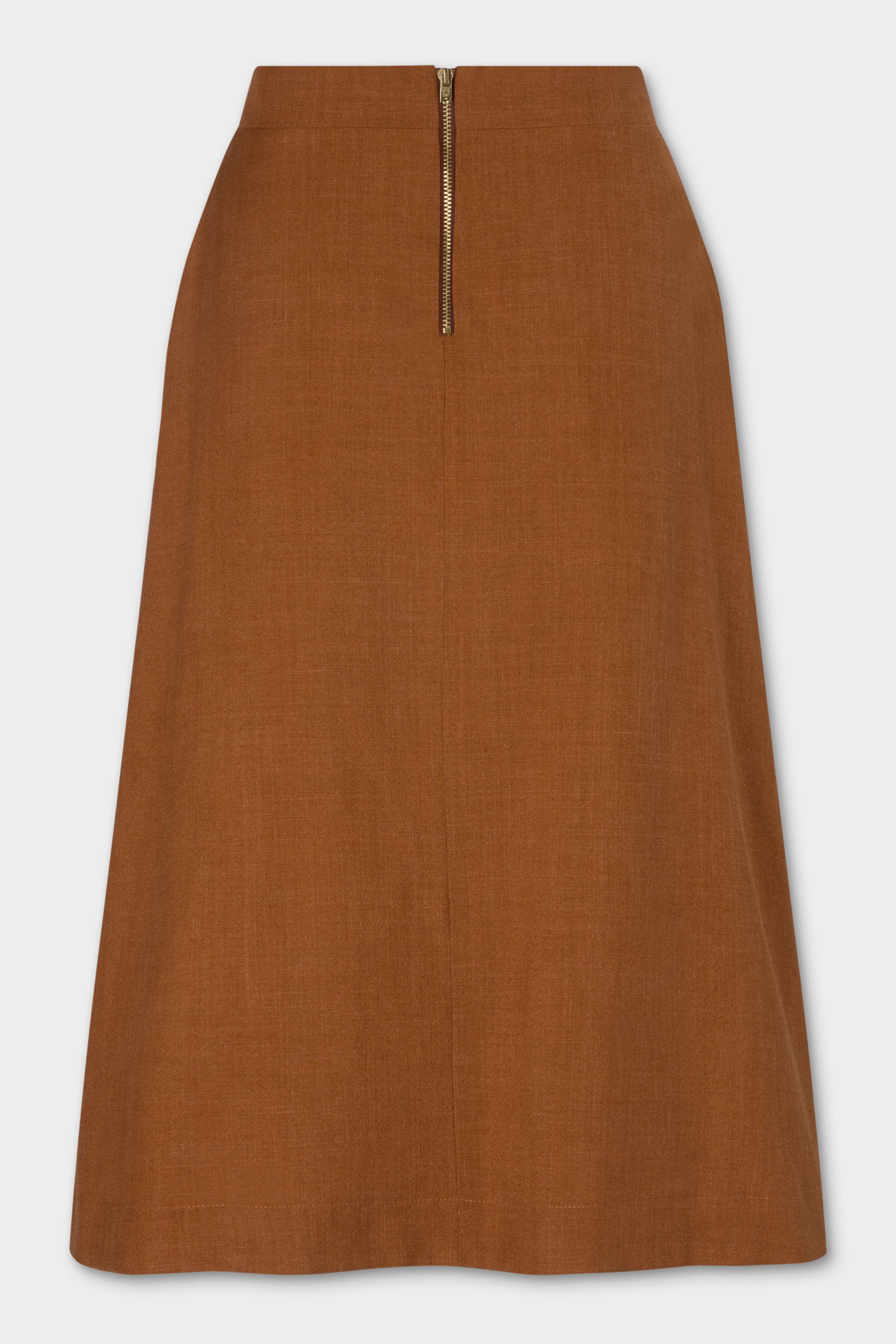 Kingma A-Line Skirt in burnt rust, back view showing exposed metal zip