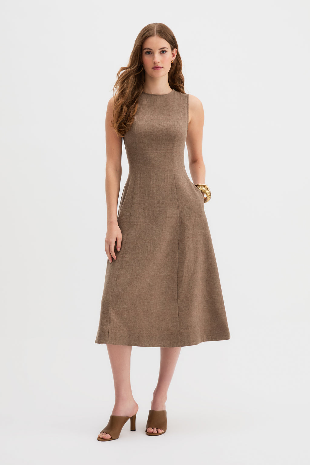 Laverne Midi Dress in brown, paneled a-line silhouette, front view