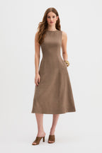 Laverne Midi Dress in brown, paneled a-line silhouette, front view