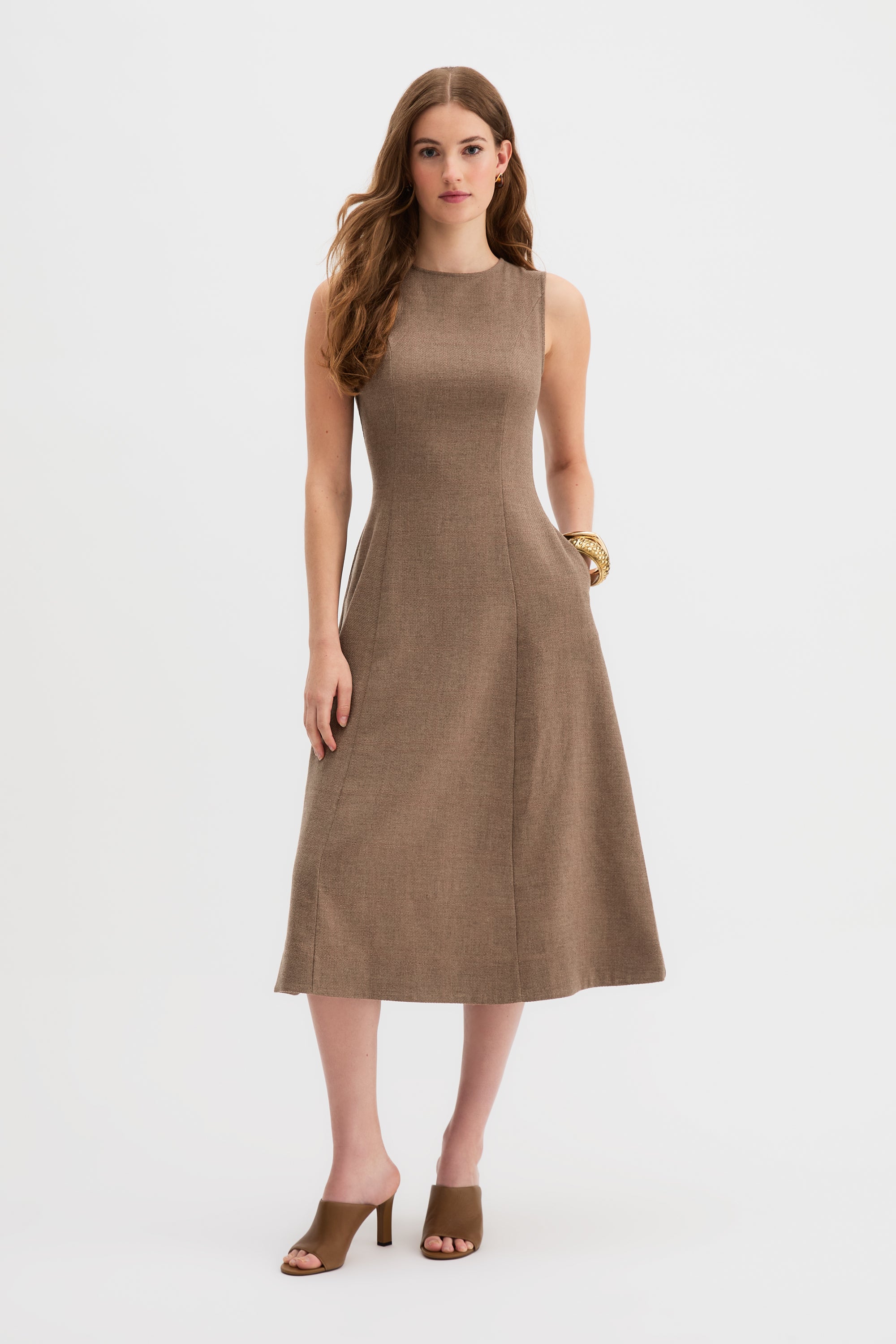 Laverne Midi Dress in brown, paneled a-line silhouette, front view