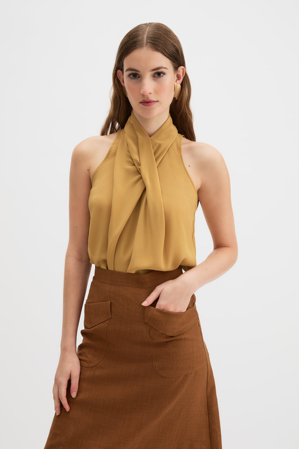 Ponti Top in saffron yellow silk, front view