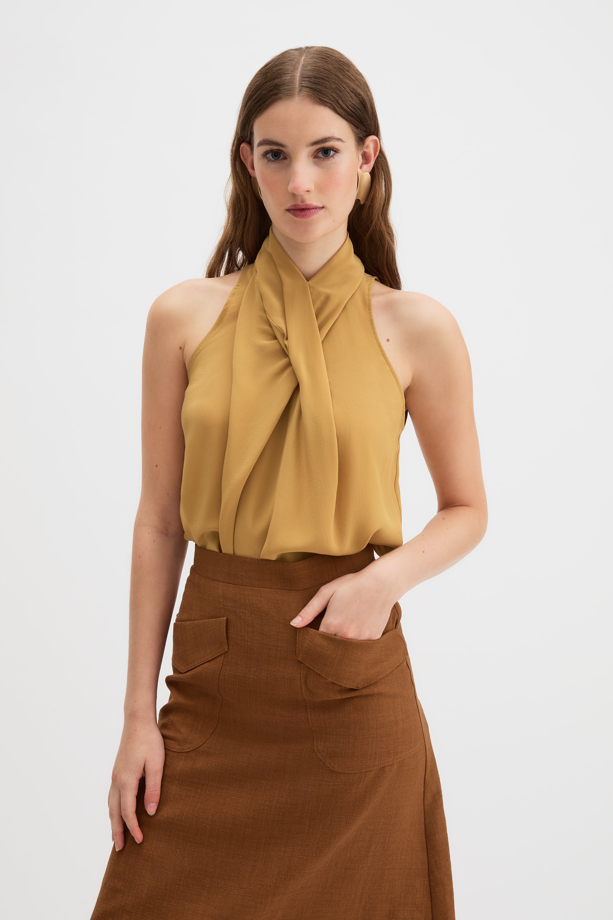 Ponti Top in saffron yellow silk, front view