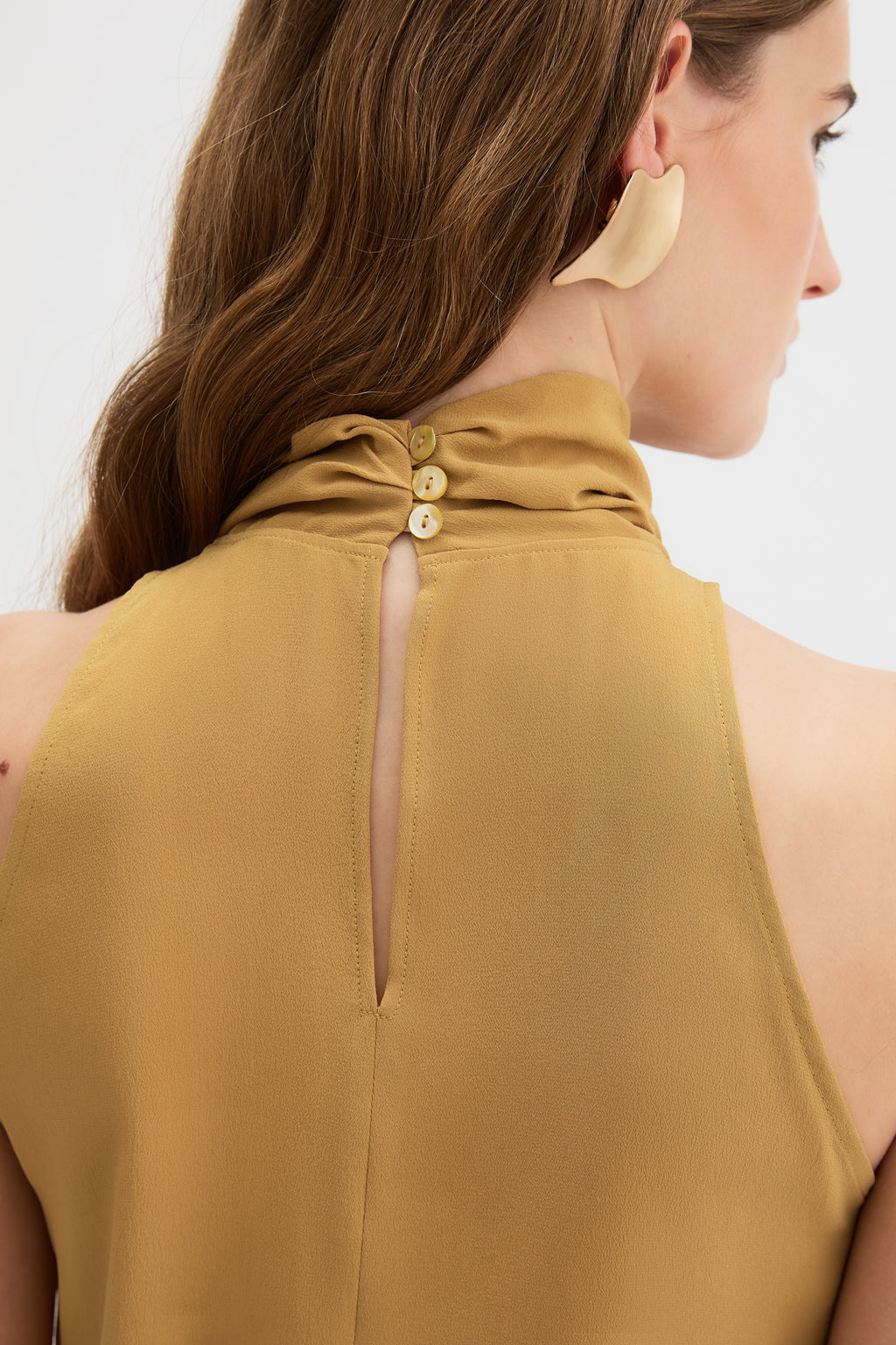 Ponti Top in saffron yellow silk, three-quarter view