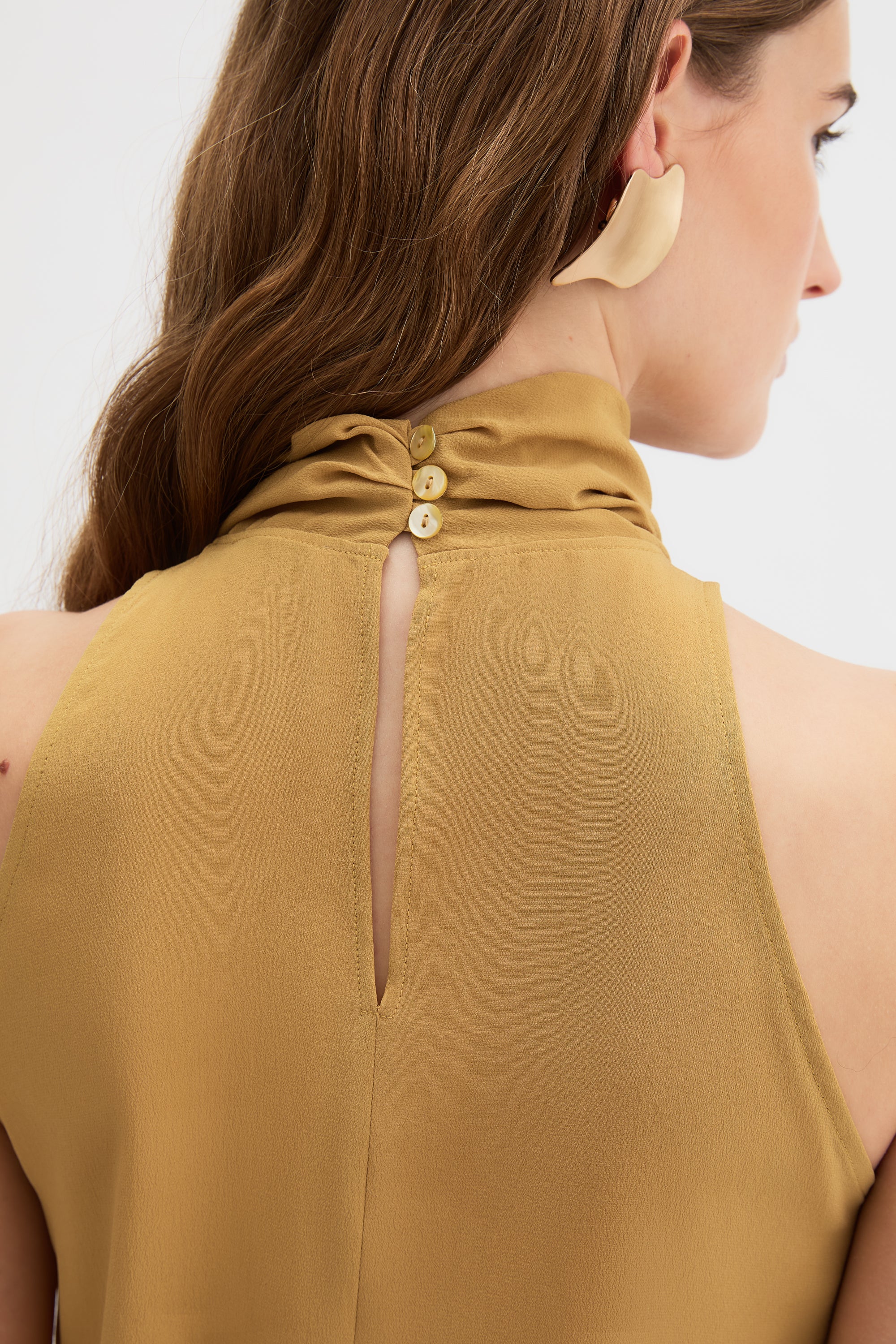 Ponti Top in saffron yellow silk, three-quarter view
