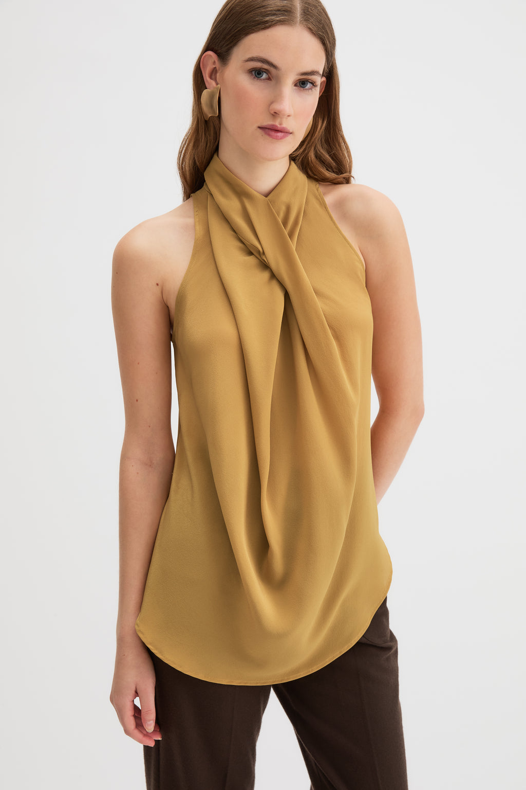Ponti Top in saffron yellow silk, styled full look