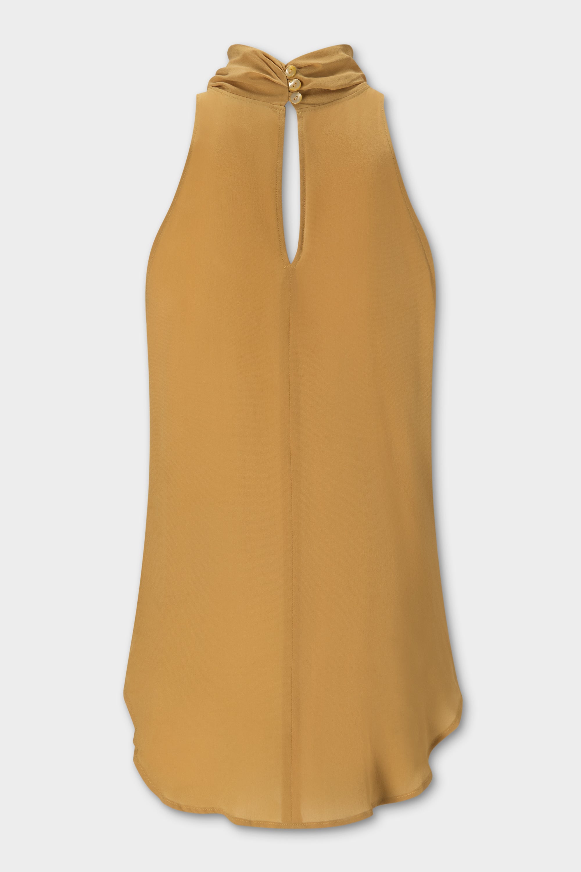 Ponti Top in saffron yellow silk, back view showing mother of pearl button closure