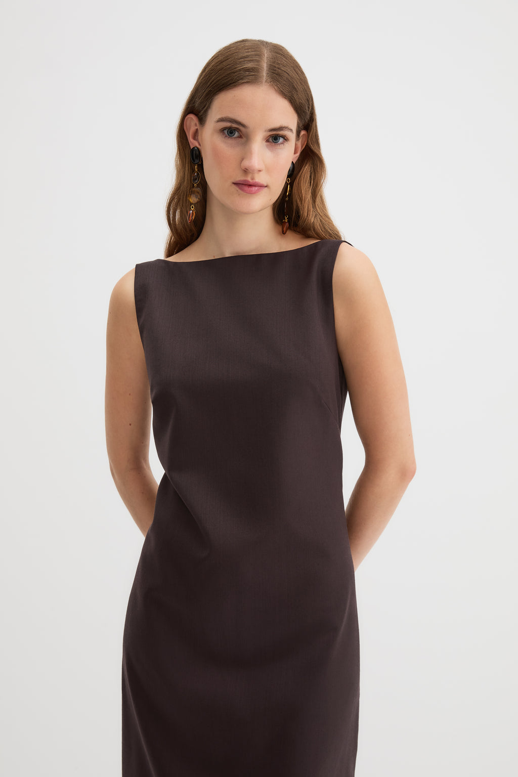 Yves Column Dress in chocolate brown wool, styled front view
