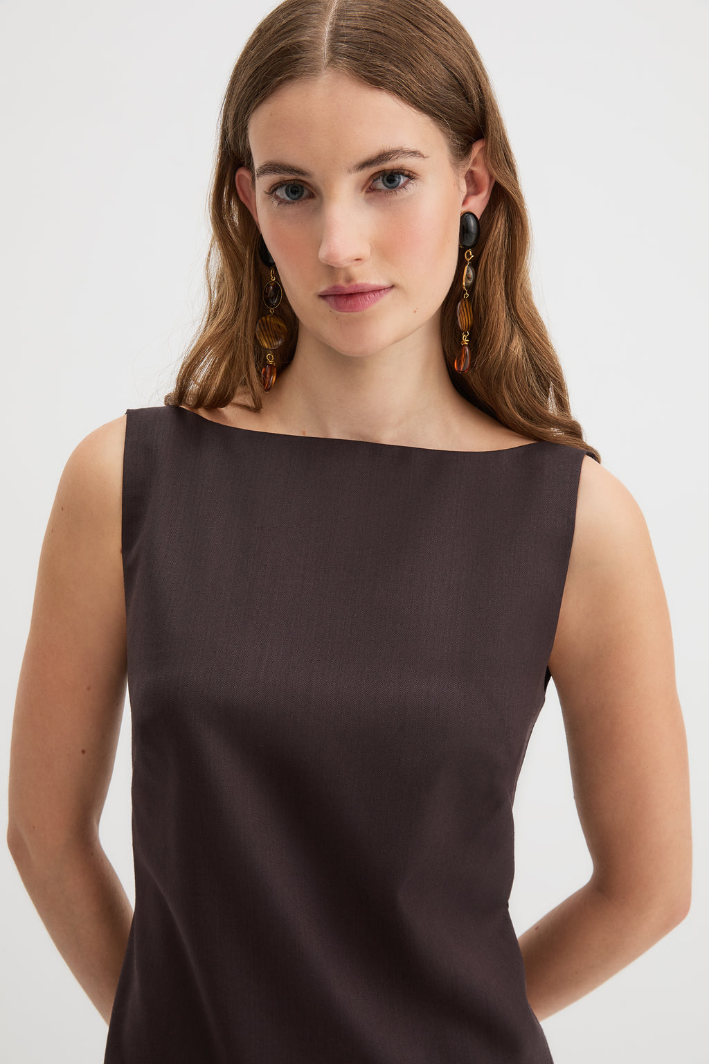 Yves Column Dress in chocolate brown wool, floor-length silhouette
