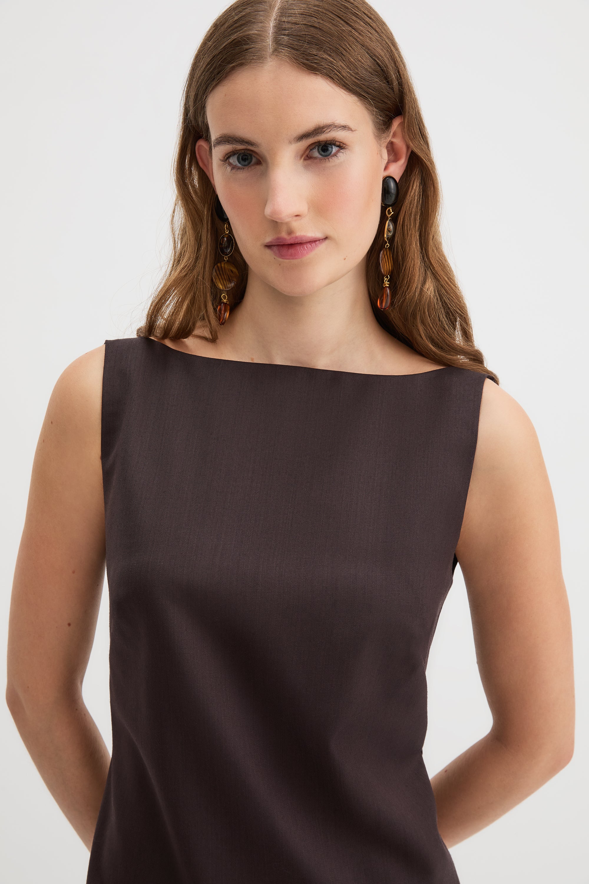 Yves Column Dress in chocolate brown wool, floor-length silhouette