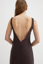 Yves Column Dress in chocolate brown wool, full length view