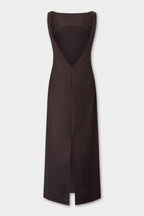 Detail of the open v-back on the Yves Column Dress