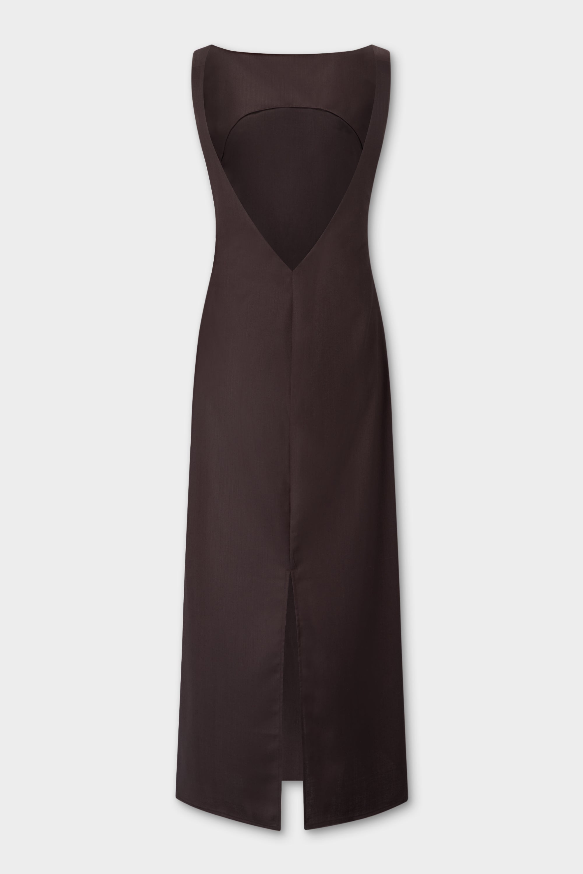 Detail of the open v-back on the Yves Column Dress